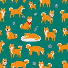 Shiba Inu dogs seamless pattern. Shiba Ken dog. Seamless pattern of dogs on teal background.