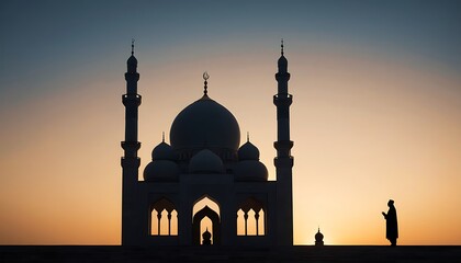 A silhouetted mosque stands against a sunset sky with a person standing in prayer nearby. 