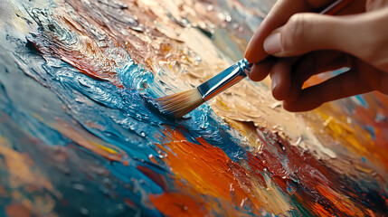 Obraz premium Close-up view of an artist's hand holding a paintbrush, painting an abstract masterpiece on a canvas in an art studio. A hand-painted canvas, with visible brushstrokes and a rich impasto technique.