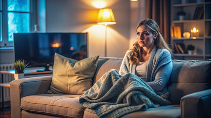 Obraz premium Woman sitting on sofa covered in blanket watching TV at night.