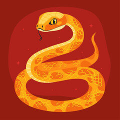 Obraz premium Cute yellow snake on a red background. New Year of the Snake, Lunar New Year or Chinese New Year. Animal zodiac cartoon character, mascot, symbol of the year. Illustration for greeting card.