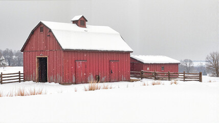 Snow-covered red barn in rural winter landscape