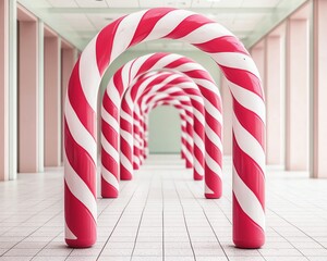 Fototapeta premium A whimsical hall lined with oversized candy cane arches against a pastel backdrop, creating a playful and festive ambiance.