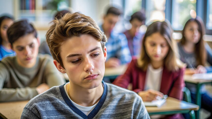 Obraz premium Pensive teenage boy sitting in classroom during lesson.
