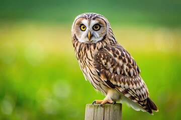 Fototapeta premium Short eared owl perched on post in field