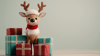A cute reindeer figurine in a winter scene, wearing a hat and scarf, surrounded by colorful Christmas gifts.
