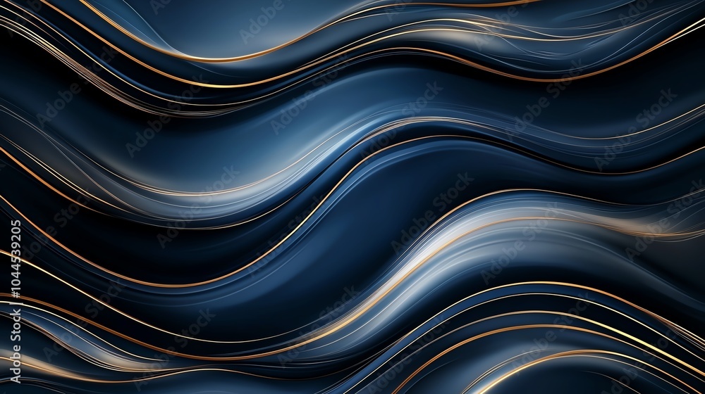 Poster abstract dark blue and gold metallic waves creating an elegant, fluid pattern with a reflective surf