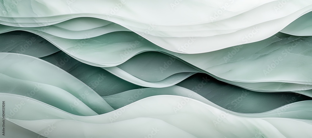 Poster abstract layers of soft, flowing waves in green and white shades creating a serene and calming art c