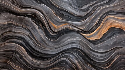 Fototapeta premium Abstract fluid pattern with dark swirling lines and hints of gold. Creates a dynamic visual effect like flowing waves or marbled textures.