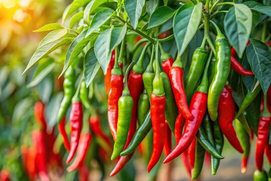 Depth of field red chili and green chili on tree focus selected