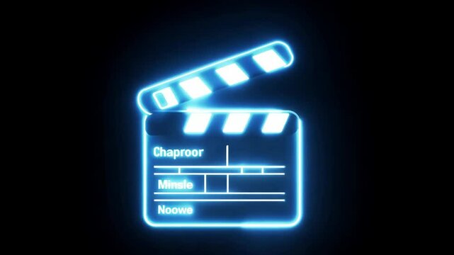 Blue glowing neon line Movie clapper icon on black.   generative ai 