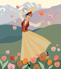 A vector image. Steppe landscape, flowers, tulips, in the background a beautiful mountain landscape, in the foreground a beautiful young Kazakh girl dancing in a Kazakh national costume