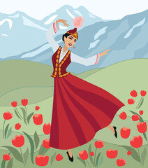 A vector image. Steppe landscape, flowers, tulips, in the background a beautiful mountain landscape, in the foreground a beautiful young Kazakh girl dancing in a Kazakh national costume