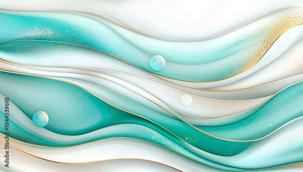 Poster elegant abstract background with flowing teal and gold waves, featuring soft curves and delicate tex