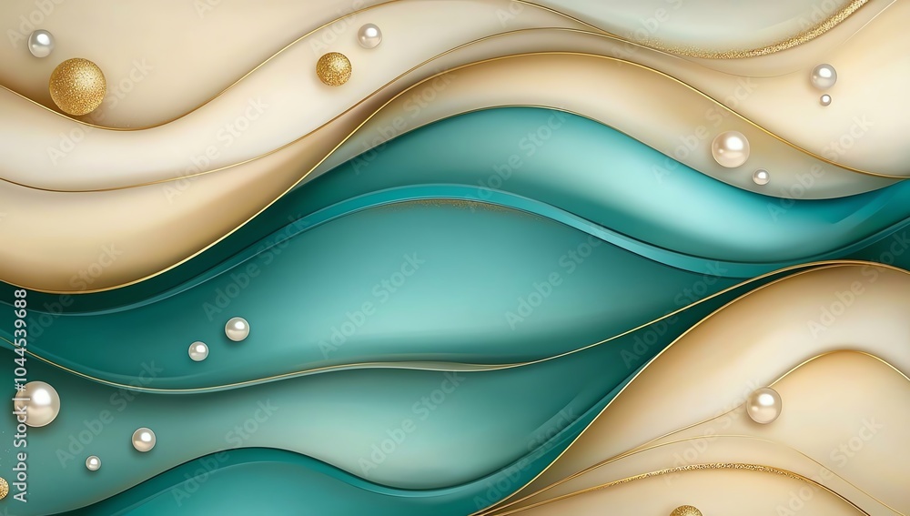 Poster elegant abstract design with flowing teal and beige waves adorned with scattered pearls, creating a 