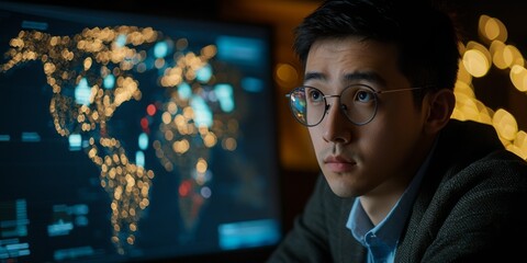 A focused individual sits in front of a glowing screen displaying a world map illuminated with data points, suggesting a high-tech environment.