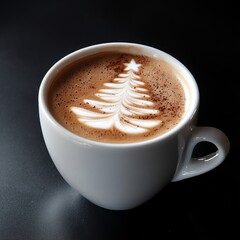 Obraz premium A cup of frothy coffee features intricate Christmas tree latte art, surrounded by warm tones, inviting cozy comfort during the cold holiday season.