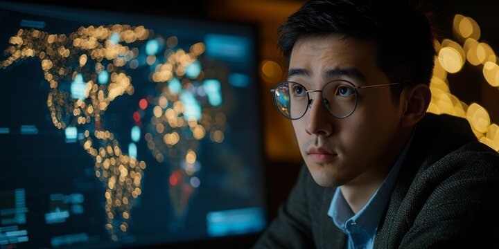 A focused individual sits in front of a glowing screen displaying a world map illuminated with data points, suggesting a high-tech environment.