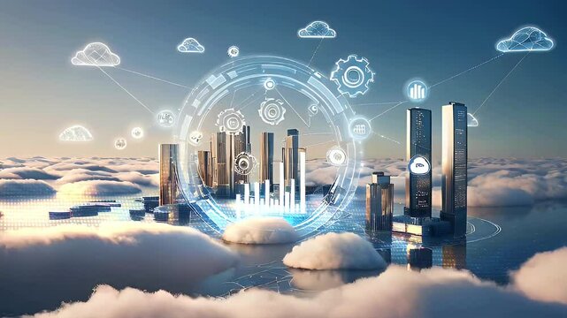 Futuristic city with digital icons, a concept of the future of technology.