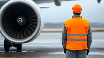 A worker in an orange safety vest stands in front of an airplane's jet engine on an airport runway, highlighting aviation safety and teamwork.