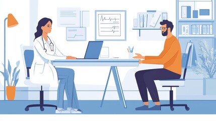 Doctor gives post-operative consultation, explains recovery process and ongoing care for patient. Illustration.