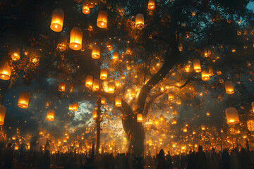 Glowing lanterns hanging from trees, casting a warm glow over a festival crowd