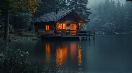 Obraz premium Abandoned Cabin in the woods by the lake, with lights and heavy dark atmosphere
