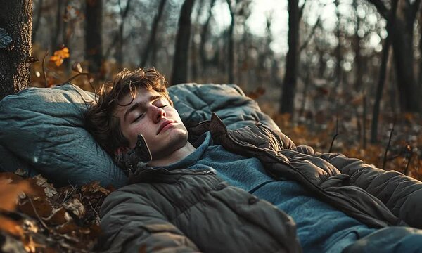 A young man rests on a bedroll in a serene forest setting, surrounded by autumn leaves.