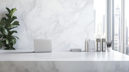 Modern Office Desk with City View - Minimalist Workspace Design