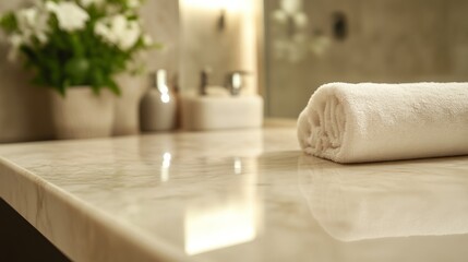 Luxury Bathroom Interior with White Towel on Marble Countertop
