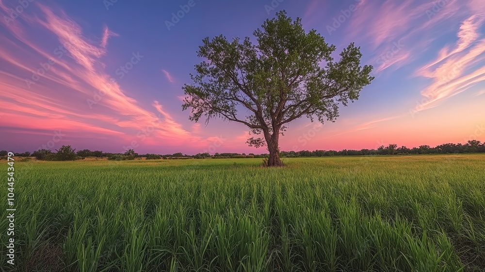 Wall mural a serene landscape featuring a solitary tree amidst lush green fields under a colorful sunset sky.