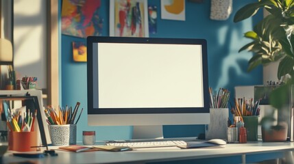 Modern Artist Studio Workspace with Computer and Art Supplies