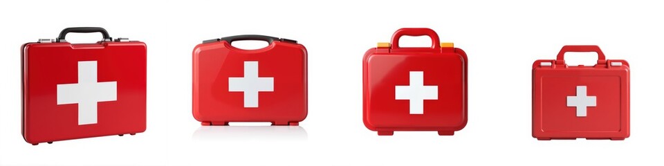 Obraz premium Four red first aid kits, white isolate background