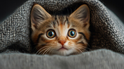 Obraz premium A small gray kitten hid in a bag