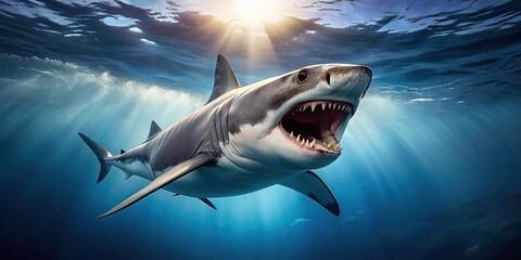 Fototapeta premium Shark swimming with open mouth in deep blue ocean, forced perspective