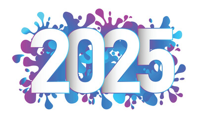 colorful 2025 text for new year. white 2025 letter on colourful paint splash background for website, poster, banner, calendar design element. transparent png and vector illustration.