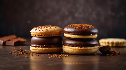Close-up of Traditional alfajor cookie with chocolate coating
