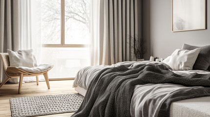 A mockup poster frame adds charm to a bright white bedroom, surrounded by tasteful furnishings, hoto interior modern design room 3d illustration