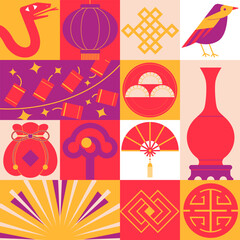 Illustration celebrating the Chinese New Year of the Snake, featuring a minimalist decorative style with traditional Chinese cultural elements layout