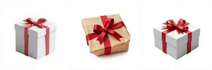 Obraz premium Gift boxes with festive ribbons, white isolate background
