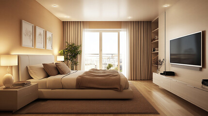 Fototapeta premium A high-resolution of a Contemporary Bedroom Interior, Golden Glow Living Room.