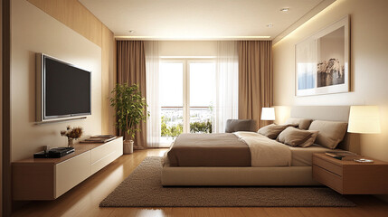 A high-resolution of a Contemporary Bedroom Interior, Golden Glow Living Room.