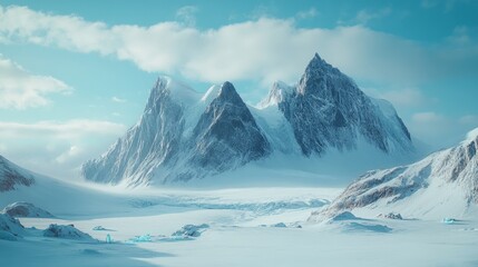 Obraz premium A serene snowy landscape featuring majestic mountains and a glacial foreground under a clear blue sky.