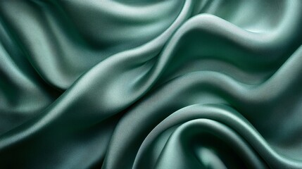 Fototapeta premium Smooth, elegant green silk fabric with a luxurious, rippled texture and soft, flowing waves forming a delicate backdrop