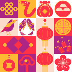 Fototapeta premium Illustration celebrating the Chinese New Year of the Snake, featuring a minimalist decorative style with traditional Chinese cultural elements layout