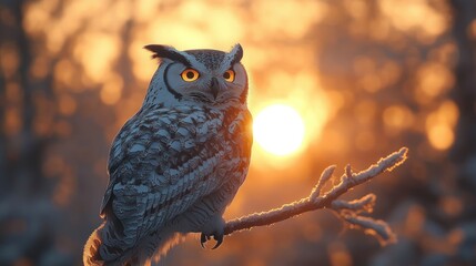 An owl perched on a frosty branch at sunset.