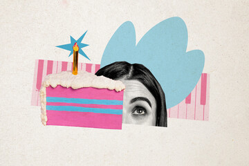 Composite photo collage of cunning girl peek birthday cake piece dream piano present candle wish...