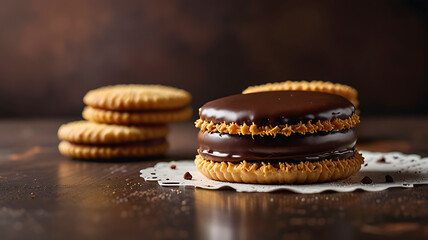 Close-up of Traditional alfajor cookie with chocolate coating