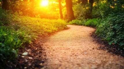 Obraz premium A winding path through a lush green forest, bathed in the warm glow of the setting sun.