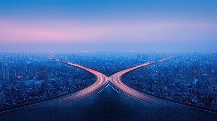Fototapeta premium A stunning aerial view of a cityscape at dusk, featuring intersecting roads illuminated by gentle lights, creating a serene and atmospheric scene.